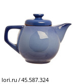 Blue ceramic teapot, isolated on white background. Стоковое фото, фотограф Андрей Аркуша / Фотобанк Лори