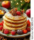 Oladyi (oladushki, oladya). Oladyi Day in Russia is celebrated annually on November 3. Enjoy your meal! Стоковое AI-изображение, AI-художник Сергей Елизарьев / Фотобанк Лори
