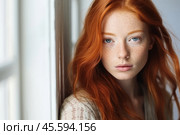 Close up portrait of a beautiful redheaded girl with freckles at the window. Стоковое AI-изображение, AI-художник Михаил Строгалев / Фотобанк Лори