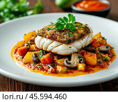 Delicious baked fish - hake with champignons, onions, tomatoes and cheese. Enjoy your meal! Стоковое AI-изображение, AI-художник Сергей Елизарьев / Фотобанк Лори
