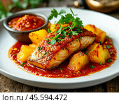 Delicious baked fish - hake with champignons, onions, tomatoes and cheese. Enjoy your meal! Стоковое AI-изображение, AI-художник Сергей Елизарьев / Фотобанк Лори