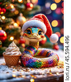 A cute snake, the symbol of 2025 according to the Eastern calendar, and ice cream. The snake symbolizes wisdom, vitality, immortality and healing powers. Festive atmosphere of the New Year. Стоковое AI-изображение, AI-художник Сергей Елизарьев / Фотобанк Лори