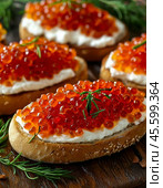 Sandwiches with red caviar. A beautiful and original snack for a festive table. Enjoy your meal! Стоковое AI-изображение, AI-художник Сергей Елизарьев / Фотобанк Лори