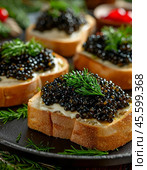 Sandwiches with black caviar. A beautiful and original snack for a festive table. Enjoy your meal! Стоковое AI-изображение, AI-художник Сергей Елизарьев / Фотобанк Лори
