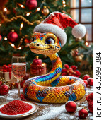 A cute snake, the symbol of 2025 according to the Eastern calendar, red caviar and a glass of champagne. The snake symbolizes wisdom, vitality, immortality and healing powers. Festive atmosphere of the New Year. Стоковое AI-изображение, AI-художник Сергей Елизарьев / Фотобанк Лори
