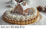 Delicious christmas pie presenting gingerbread house decoration. Стоковое AI-видео, аниматор Юрий Поздников / Фотобанк Лори