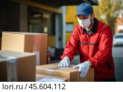 A deliveryman wearing a mask and gloves is carefully managing boxes stacked outside a building. He ensures safe delivery of online orders while following health guidelines. Стоковое AI-изображение, AI-художник Sergey Grishin / Фотобанк Лори