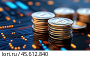 Coins with Bitcoin symbols stacked on a digital circuit board, representing cryptocurrency, AI. Стоковое AI-изображение, AI-художник Сергей Старуш / Фотобанк Лори