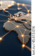 World map with glowing network connections representing global communication, AI. Стоковое AI-изображение, AI-художник Сергей Старуш / Фотобанк Лори