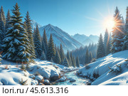 Зимний пейзаж с незамерзающим горным ручьем. Winter landscape with an unfrozen mountain stream. Стоковое AI-изображение, AI-художник Гер Олег / Фотобанк Лори