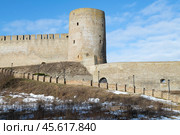 Старинная Длинношеяя башня  Ивангородской крепости солнечным мартовским днем. Ивангород, Ленинградская область (2024 год). Редакционное фото, фотограф Виктор Карасев / Фотобанк Лори