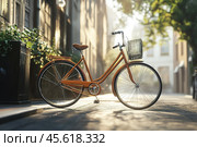 Mocha mousse light brown colored bicycle parked on a city street, showcasing urban style and eco-friendly transportation. Color of 2025 year mocha mousse. Стоковое AI-изображение, AI-художник Ольга Ильина / Фотобанк Лори