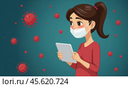 Рисунок девушки в окружении вирусов. Концепция болезни. Стоковое AI-изображение, AI-художник Илья Старков / Фотобанк Лори