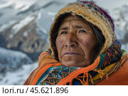 Indigenous quechua woman wearing traditional clothing in the andes mountains. Стоковое AI-изображение, AI-художник Иван Рябоконь / Фотобанк Лори