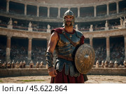 Gladiator in the arena in ancient Rome. Стоковое AI-изображение, AI-художник Александр Поташев / Фотобанк Лори
