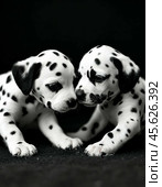 Funny Dalmatian puppies. Dalmatian, or Dalmatian dog, the name of the breed comes from the historical region of Dalmatia on the Balkan Peninsula. Стоковое AI-изображение, AI-художник Сергей Елизарьев / Фотобанк Лори