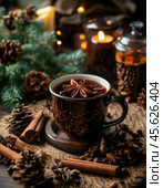 New Year is the smell of home, comfort, the smell of coffee with mulled wine and pine needles. Festive New Year atmosphere. Стоковое AI-изображение, AI-художник Сергей Елизарьев / Фотобанк Лори