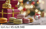 Festive macarons and gift boxes highlight holiday cheer and joyful ambiance. Стоковое AI-видео, аниматор Sabyna75 / Фотобанк Лори