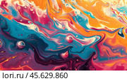 A vibrant abstract image with swirling colors of orange, blue, and red, accented with bubbles. Fluid art style, dynamic and lively. Стоковое AI-изображение, AI-художник Александра Рублева / Фотобанк Лори