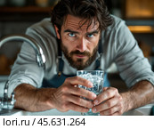 Мужчина со стаканом воды, Портрет мужчины на кухне, Брутальный мужчина пьет воду, Красивый мужчина с голубыми глазами, Мужчина в фартуке со стаканом Сантехник у крана с водой. Стоковое AI-изображение, AI-художник Сергей Расторгуев / Фотобанк Лори