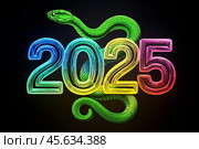 Symbol of the year according to the Chinese calendar, a green wooden snake wraps around glowing multi-colored numbers 2025 on a black background. Стоковое AI-изображение, AI-художник Сергей Комаров / Фотобанк Лори