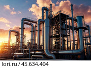 Petroleum industrial factory with pipeline and pipe rack at sunset sky background. Scenery of chemical gas and oil plant, poster. Industrialization and industry technology concept. Copy ad text space. Стоковое AI-изображение, AI-художник Aleksandr Golubev / Фотобанк Лори