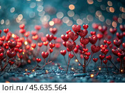 The concept of Valentine's Day. A fantastic red heart as a background. A festive banner. Стоковое AI-изображение, AI-художник Photojuli / Фотобанк Лори