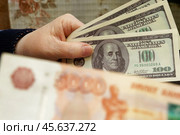 Доллары и рубли в руках женщины.9 декабря 2024.Москва, Россия. Стоковое фото, фотограф Артём Соболев / Фотобанк Лори