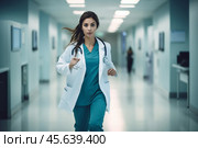 A healthcare worker hurries down a well-lit hospital corridor, demonstrating urgency and focus while carrying a stethoscope, ready to respond to a critical situation. Стоковое AI-изображение, AI-художник Sergey Grishin / Фотобанк Лори