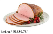 Roast ham served on dish, sliced for serving, crispy skin, tender and flavorful, perfect for celebrations, family gatherings, Easter or festive occasion, delicious. Стоковое AI-изображение, AI-художник Павел Муравьев / Фотобанк Лори
