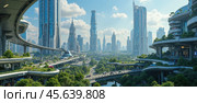 Futuristic cityscape with modern skyscrapers, elevated highways, lush green parks, and central waterway featuring advanced architecture and urban planning, showcasing vision sustainable urban living. Стоковое AI-изображение, AI-художник Павел Муравьев / Фотобанк Лори