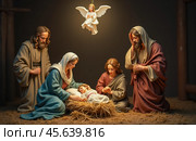 Beautiful Christmas nativity with newborn baby Jesus surrounded by Mary, Joseph, and angel. Holy family praying over glowing manger on peaceful night. birth of Jesus Christ and faith tradition. Стоковое AI-изображение, AI-художник Павел Муравьев / Фотобанк Лори