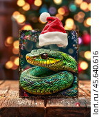 Green snake, symbol of 2025 according to the Eastern calendar, in a red New Year's cap. The snake symbolizes wisdom, vitality, immortality and healing powers. Festive New Year's atmosphere. Стоковое AI-изображение, AI-художник Сергей Елизарьев / Фотобанк Лори