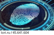 A digital fingerprint in glowing blue hues surrounded by intricate circuit patterns, symbolizing identity and technological security. Стоковое AI-видео, аниматор Igor Tichonow / Фотобанк Лори