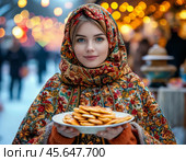 A beautiful girl in a Pavlovo Posad shawl treats with pancakes for Maslenitsa. Pancake week. Стоковое AI-изображение, AI-художник Сергей Елизарьев / Фотобанк Лори