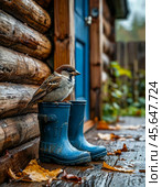 A ruffled sparrow sits on a house threshold on rubber boots. Autumn landscape. Стоковое AI-изображение, AI-художник Сергей Елизарьев / Фотобанк Лори
