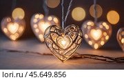 The concept of Valentine's Day, a banner with garlands in the form of hearts and magic lights for a holiday filled with love. A place for the text. Стоковое AI-изображение, AI-художник Photojuli / Фотобанк Лори