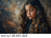 Portrait of a beautiful little brunette girl with long wavy hair and a thoughtful look. The hair develops and creates a feeling of lightness and naturalness. Стоковое AI-изображение, AI-художник Photojuli / Фотобанк Лори