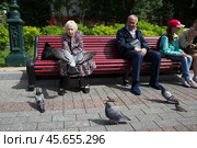 Пожилая женщина кормит голубей (2018 год). Редакционное фото, фотограф Дмитрий Киселёв / Фотобанк Лори