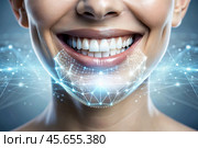New technologies in dental prosthetics. Implants. Close-up of a smiling woman with a healthy perfect smile. The concept of dental health and dental care. Стоковое AI-изображение, AI-художник Photojuli / Фотобанк Лори