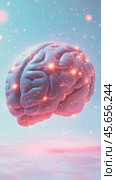 Human brain showing intense neuronal activity in a pastel dreamscape. Стоковое AI-изображение, AI-художник Юрий Поздников / Фотобанк Лори