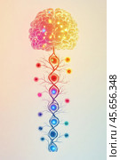 Human brain powering glowing chakras connected by dna strands. Стоковое AI-изображение, AI-художник Юрий Поздников / Фотобанк Лори