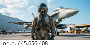 Military pilot wearing flight suit and helmet standing near fighter jet on airfield. Стоковое AI-изображение, AI-художник Юрий Поздников / Фотобанк Лори
