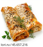 Delicious burek garnished with fresh dill and sesame seeds, embodying balkan cuisine. Стоковое AI-изображение, AI-художник Иван Рябоконь / Фотобанк Лори