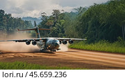 Military transport aircraft landing on a dirt runway. Стоковое AI-видео, аниматор Юрий Поздников / Фотобанк Лори