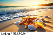 Serene beach sunset with starfish and seashells: tranquil coastal summer scene. Стоковое AI-изображение, AI-художник PlatypusMi86 / Фотобанк Лори