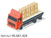 Isometric Flatbed Cargo Truck with Boxes. Commercial Transport. Logistics. City Object for Infographics. Car for Carriage of Goods. Front View. Стоковая иллюстрация, иллюстратор Игорь Сорокин / Фотобанк Лори