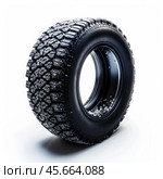 Winter studded tire standing on white background covered with snow. Стоковое AI-изображение, AI-художник Иван Рябоконь / Фотобанк Лори