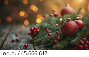 A wreath of red and green Christmas decorations with a red ball in the center. Стоковое AI-видео, аниматор Sergey Grishin / Фотобанк Лори