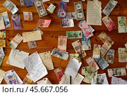 Памятная доска с отзывами посетителей в кафе. Поселок Хужир. Остров Ольхон (2024 год). Стоковое фото, фотограф Александр Тараканов / Фотобанк Лори
